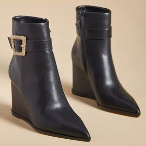 NEW Sam Edelman Weslie Buckled Black Leather Wedge Booties Women’s Size 9